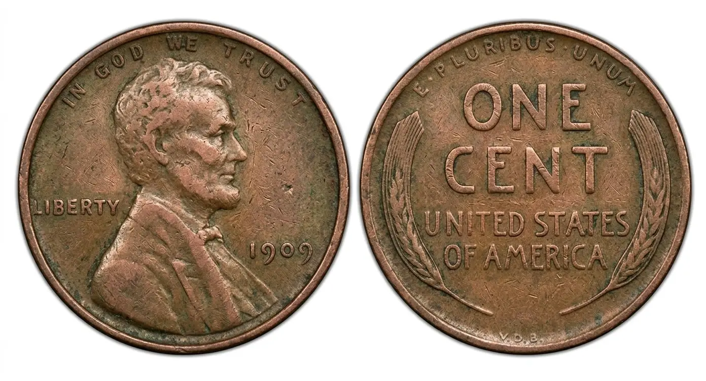 Macro shot of worn 1909 VDB penny highlighting age and circulation marks