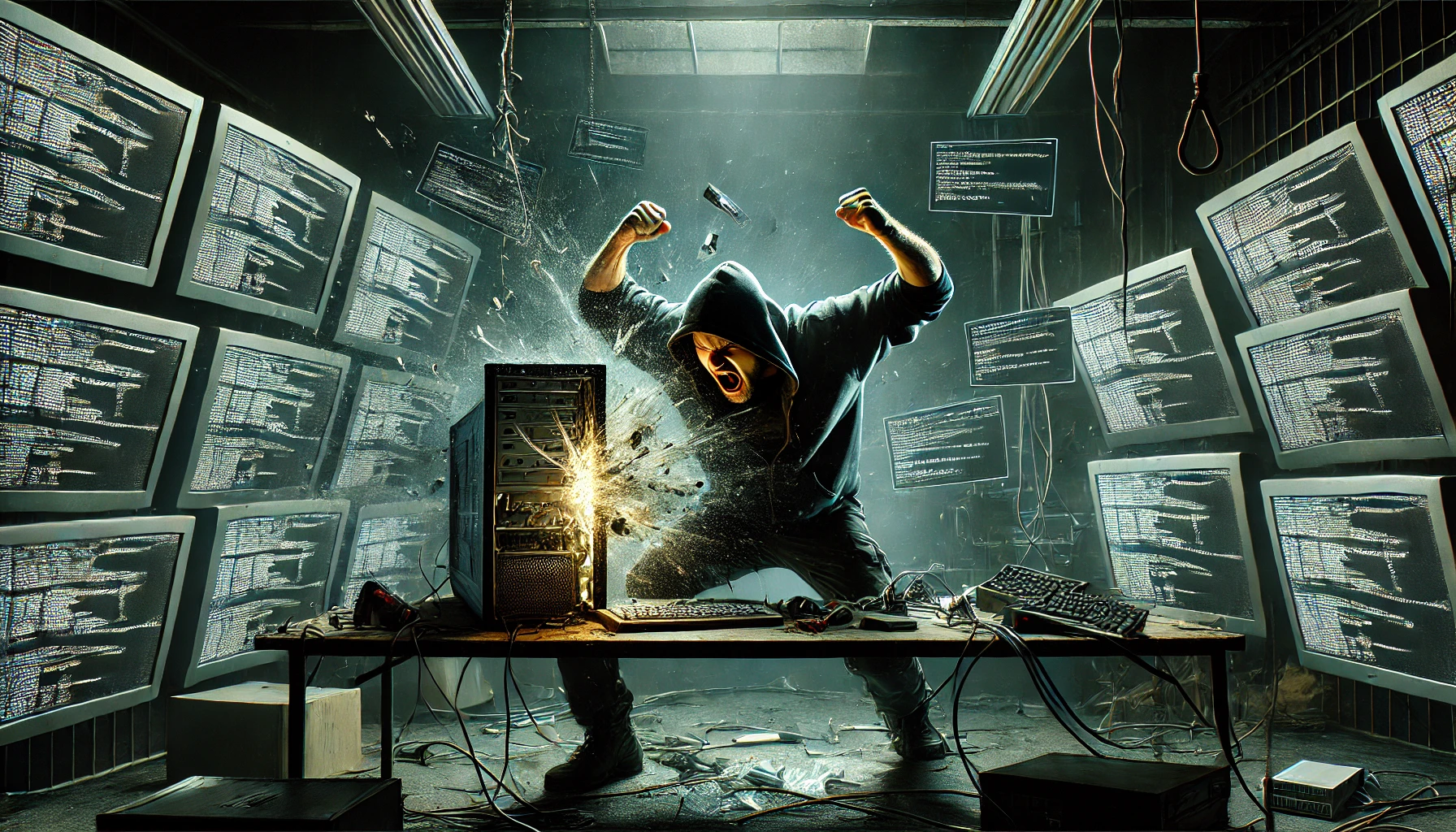 an angry and screaming male hacker breaking all his computers in a dark room.