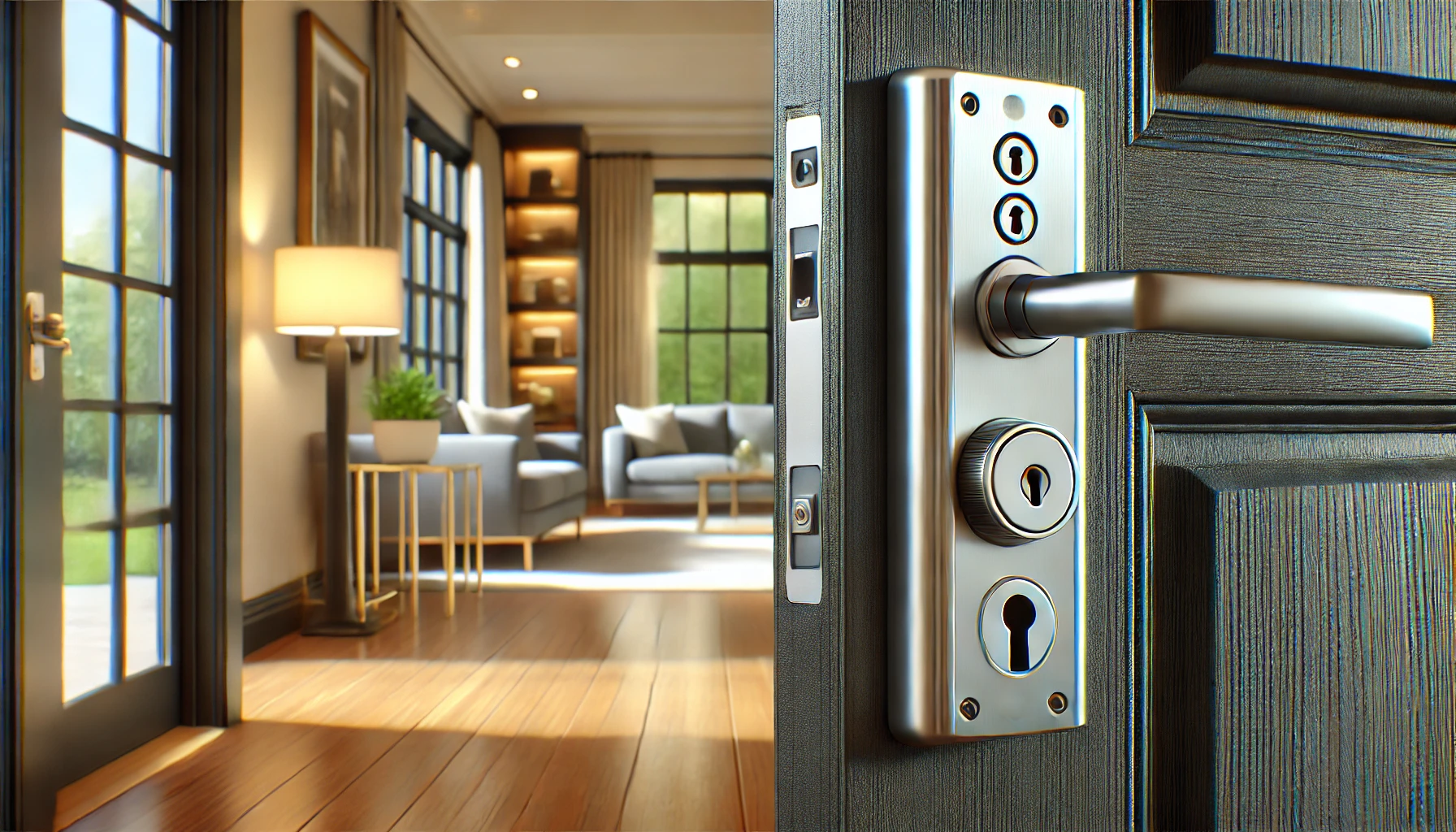 a sophisticated high-security lock on the front door of a modern home.