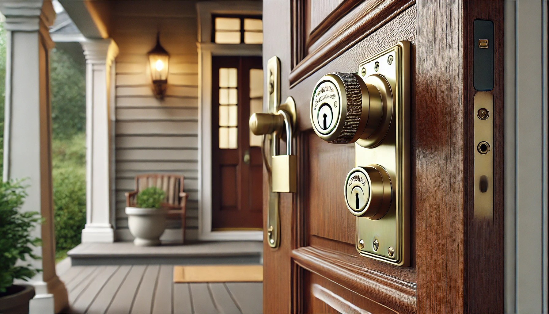 a traditional home entrance with a sturdy, classic wooden front door featuring a traditional mechanical lock.