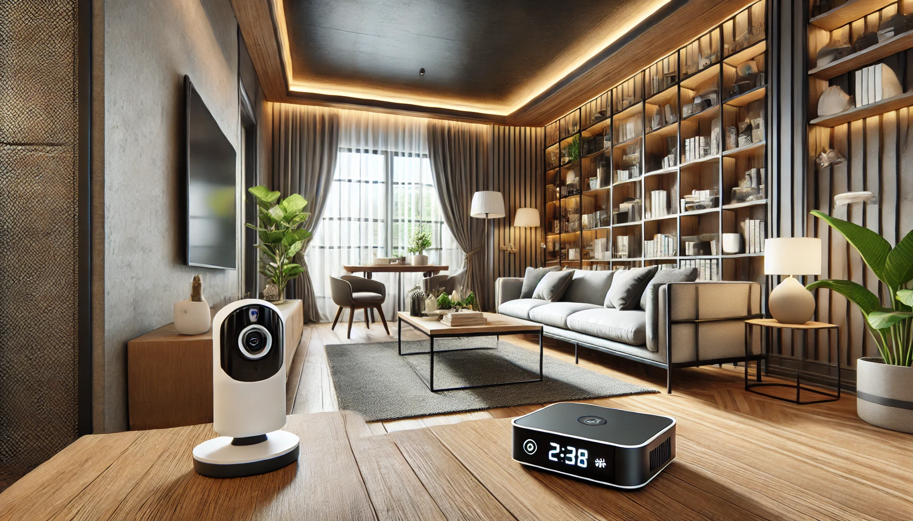 a spacious living room featuring advanced home security equipment.