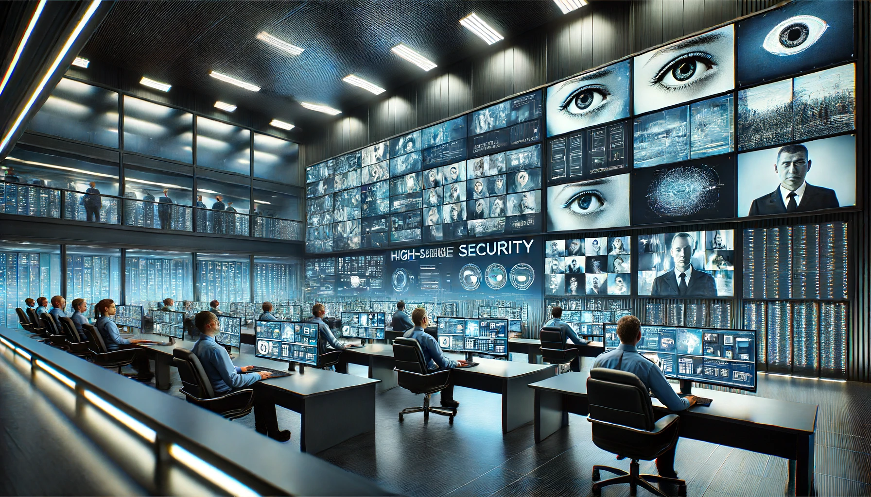 Una sala de monitoreo de alta seguridad equipada con tecnologías avanzadas, con una pared de monitores con fuentes de vigilancia en tiempo real y profesionales de seguridad en el trabajo.