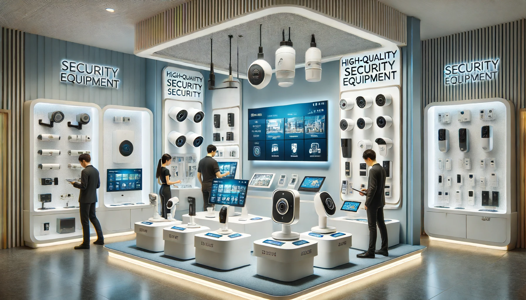 Un entorno minorista moderno que muestra varios equipos de seguridad de alta calidad, incluidos sistemas de alarma inteligentes y cerraduras biométricas, con compradores interactuando con los dispositivos.