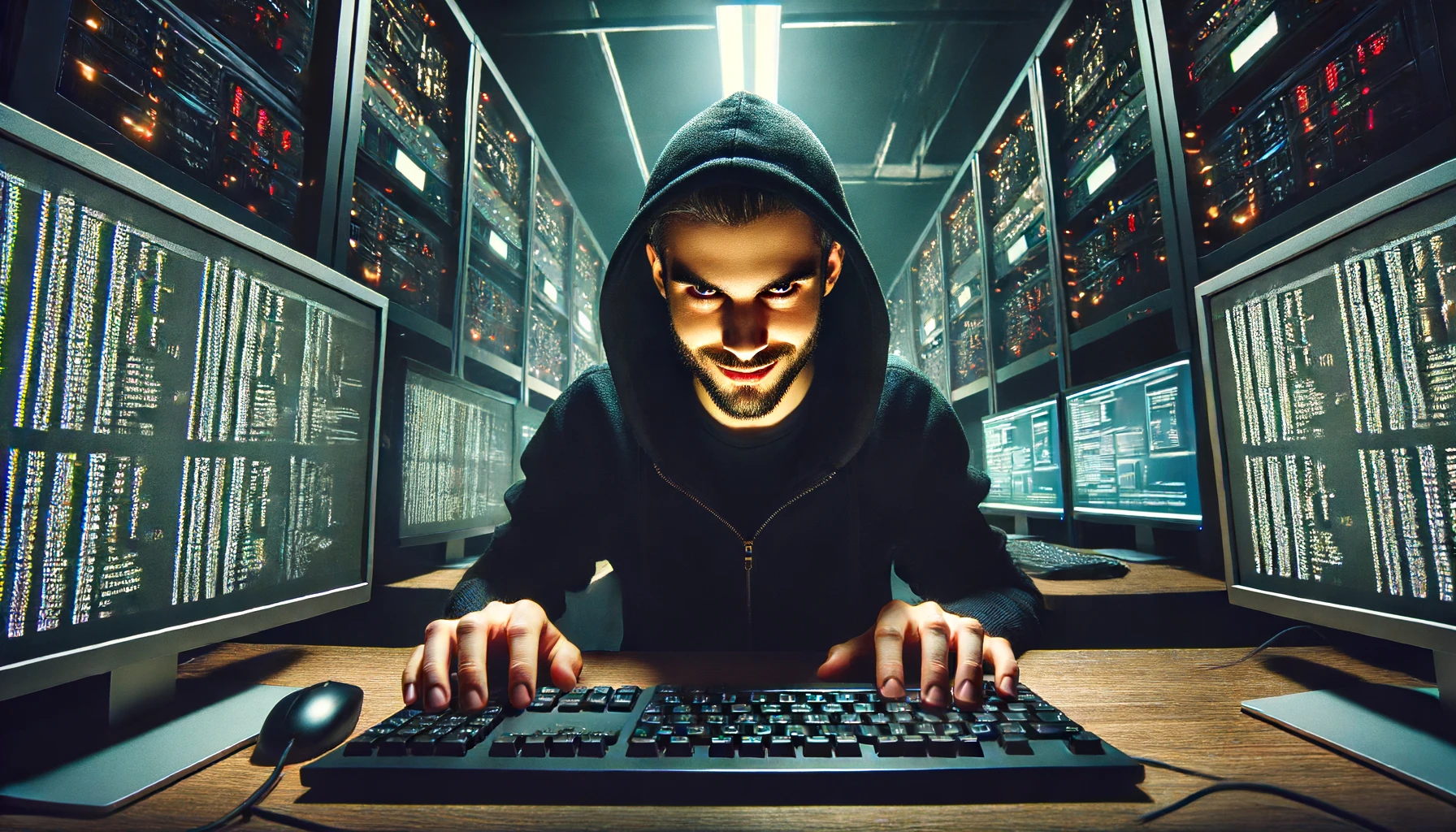 a wicked hacker working on a computer in a dark room. The hacker has a sinister expression, is wearing a black hoodie, and is illuminated by the glow of multiple computer screens.