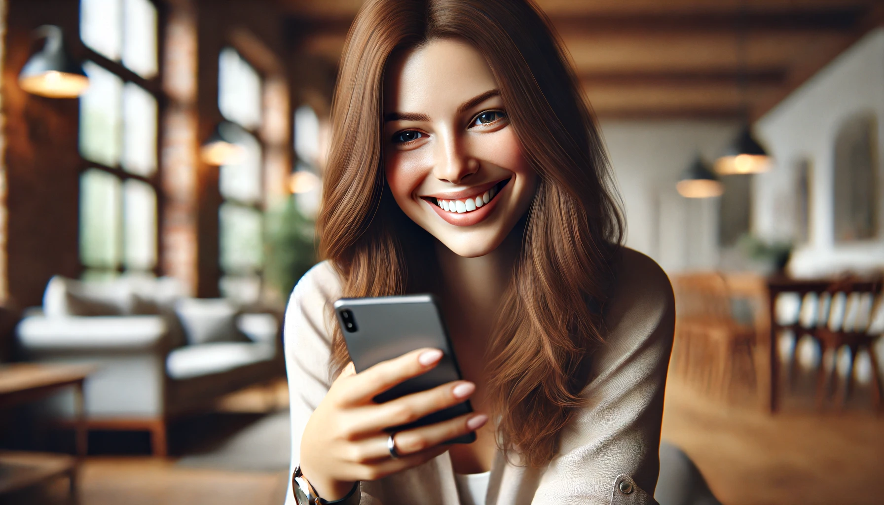 a smiling woman looking at her phone. The woman has long brown hair, is wearing a casual blouse, and is sitting in a cozy, well-lit room with a modern interior.