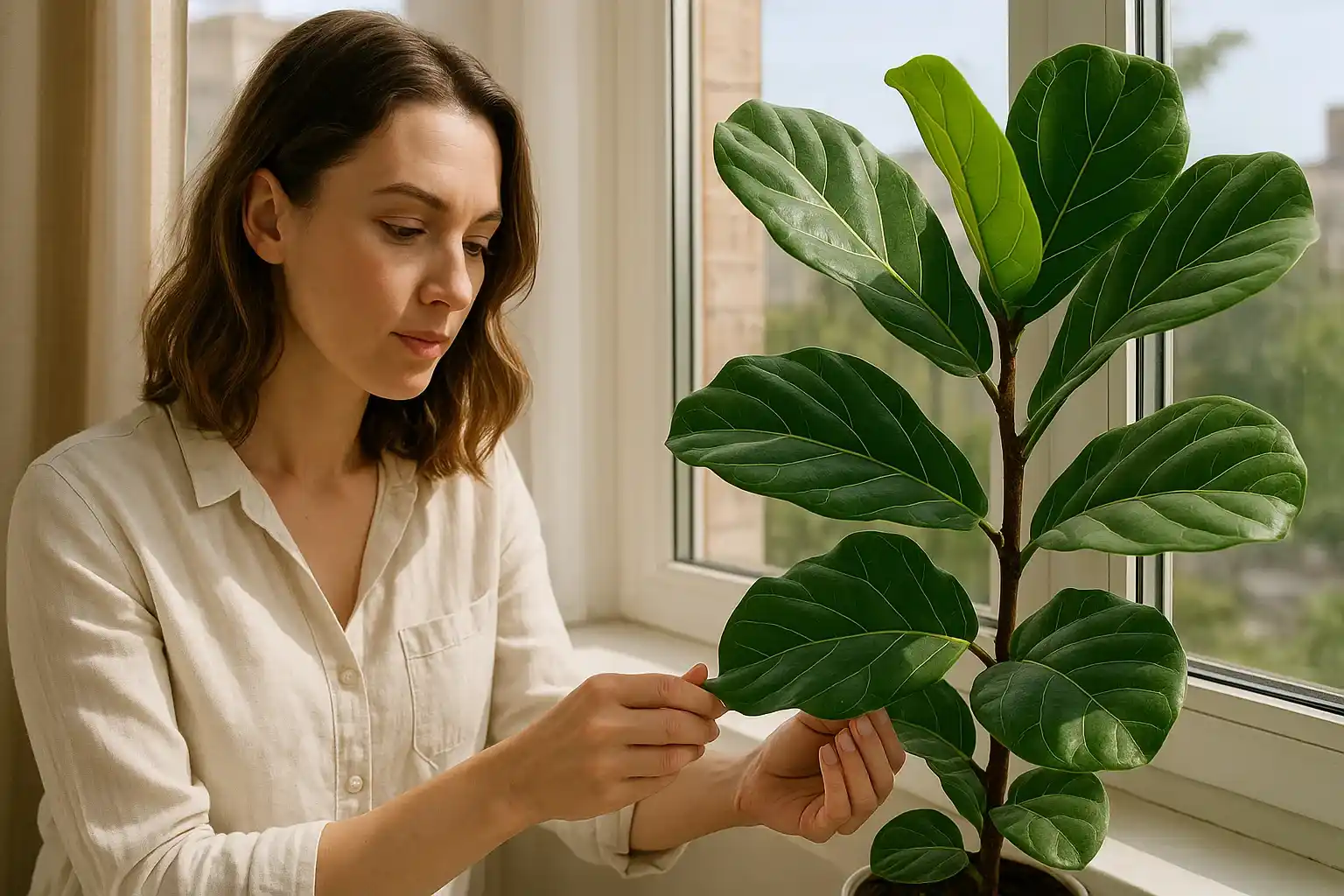 A young woman in light clothing carefully inspects the large, glossy leaves of a fiddle leaf fig on a sunny windowsill.