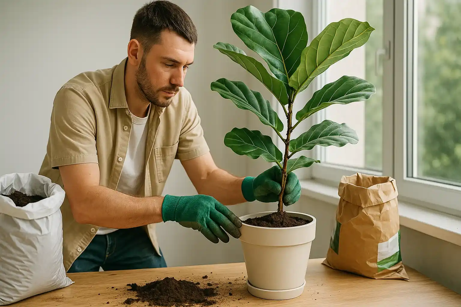 A man wearing gardening gloves gently reports a fiddle leaf fig into a new pot surrounded by bags of soil and fertilizer.