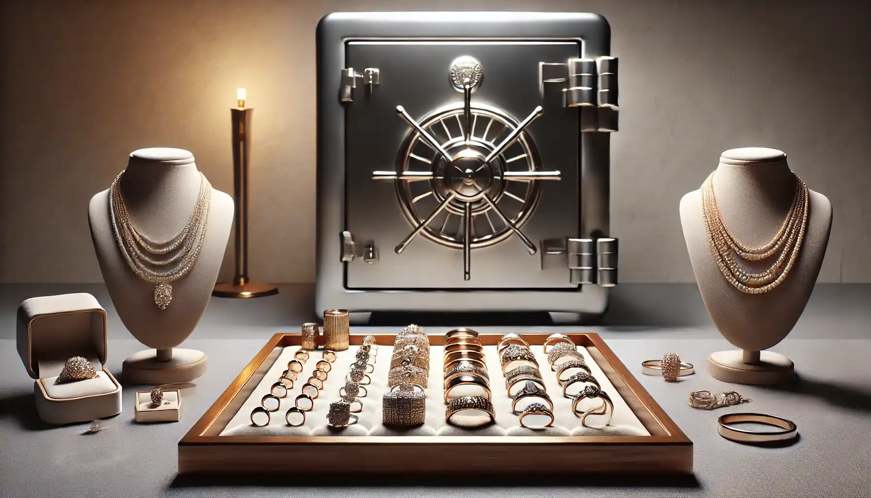 A tray lined with soft velvet or silk, displaying rings, earrings, and bracelets. The tray is placed in front of a robust safe with thick metallic walls and a massive door, symbolizing security for valuable items.