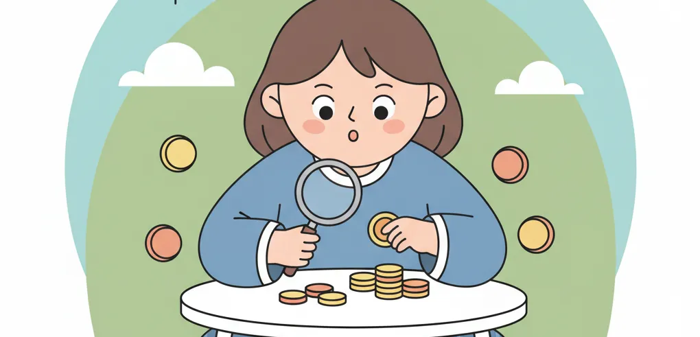 girl looking at the coins and checking them
