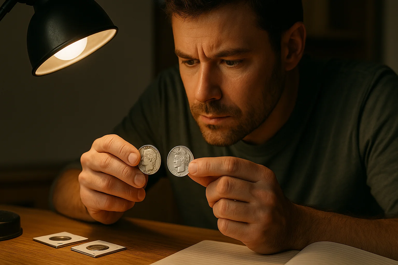  A focused coin collector compares a 1921 Morgan Dollar and a 1921 Peace Dollar under a desk lamp.