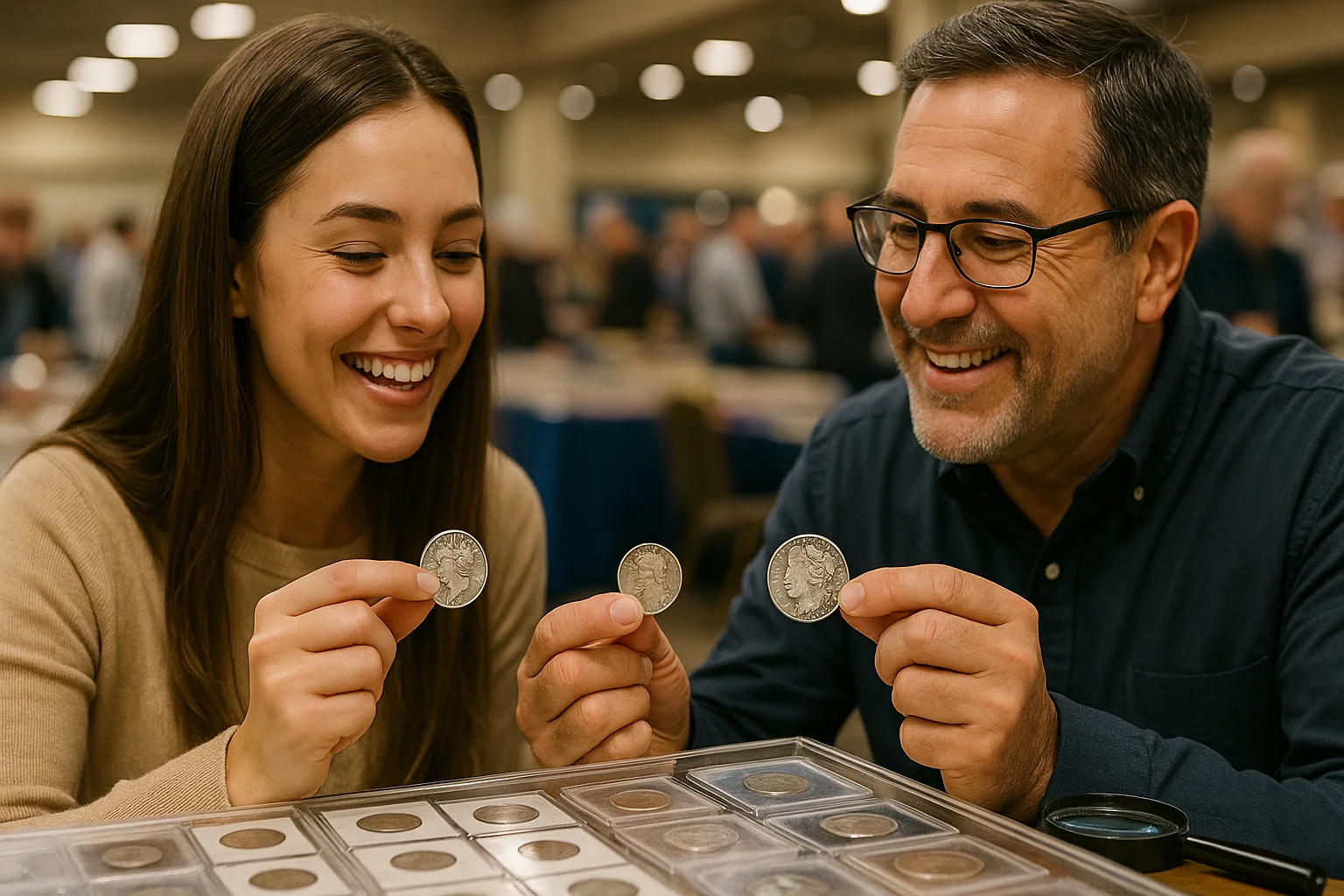 A young woman and a dealer at a coin show smile as they compare a 1921 Peace Dollar with two 1921 Morgan Dollars.